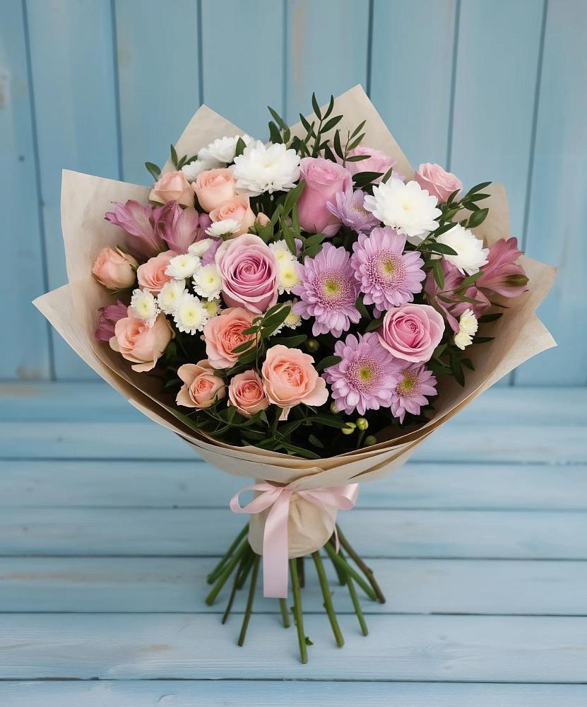 Букет цветов из: Хризантемы, Розы и Альстромерии в Шушенском