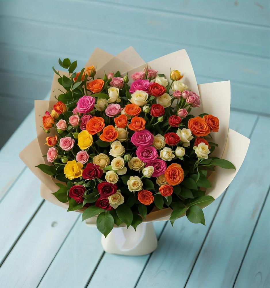 Букет Микс из разноцветных кустовых роз в Шушенском